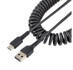 StarTech.com 1m USB-A naar USB-C Laadkabel, Robuuste Fast Charge & Sync Spiraalkabel, 3A, USB 2.0, TPE Mantel en Aramidevezels - Zwarte USB Oplaadkabel