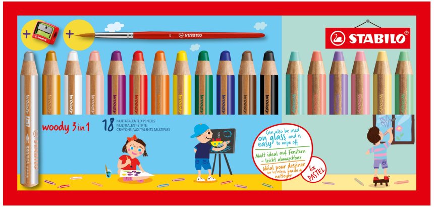 Crayon multi-talents woody 3 en 1, étui de 18 Pastel