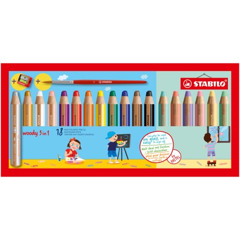 Woody 3in1 crayon de couleur - Etui de 18 crayons (dont 6 pastel) + taille-crayon + pinceau rond