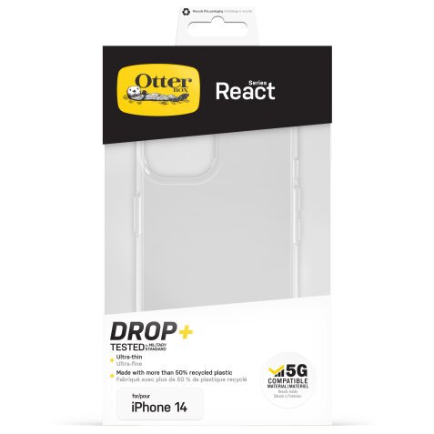 OtterBox React Série Coque pour iPhone 14, Antichoc, anti-chute, ultra-mince, protection fine, testé selon les normes militaires, Antimicrobien, Clear
