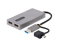 StarTech.com Adaptador de USB a HDMI Doble, USB A/C a 2 Pantallas HDMI (1x 4K30Hz, 1x 1080p), Dongle Integrado USB-A a C, Cable de 11cm, Adaptador USB 3.0 a HDMI, Windows y macOS