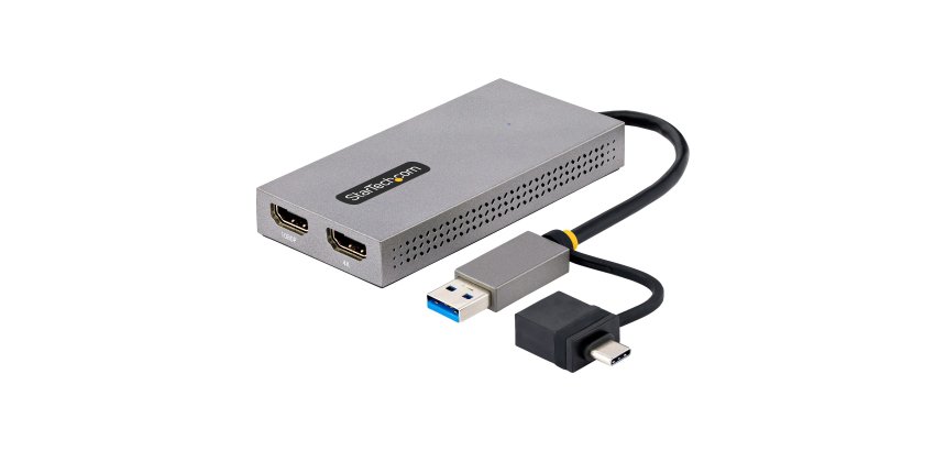 StarTech.com Adaptador de USB a HDMI Doble, USB A/C a 2 Pantallas HDMI (1x 4K30Hz, 1x 1080p), Dongle Integrado USB-A a C, Cable de 11cm, Adaptador USB 3.0 a HDMI, Windows y macOS