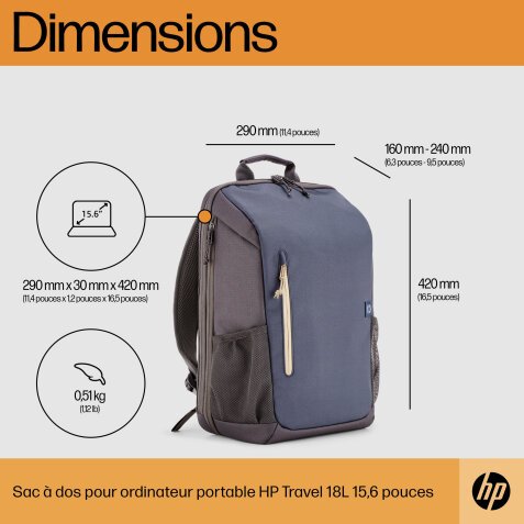 HP Sac à dos pour ordinateur portable Travel 18 litres 15,6 pouces, gris fer