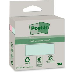 Bloc notes post-it recycled color 6820r-2lm bright  2     blocs de 100 feuilles         76x76mm, mono color