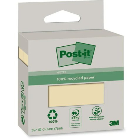 Bloc notes post-it recycled canary yellow  6820r-2y 2     blocs de 100 feuilles 76x76mm mono color