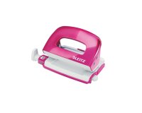 Perforateur mini leitz boite metal socle antiderapant 2 trous reglette guidage ecartement standard 8cm rose metallique