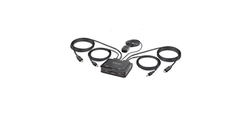 StarTech.com Switch KVM à Câble Hybride USB-C DisplayPort à 2 Ports, 4K 60Hz - Commutateur KVM avec Câbles hôtes intégrés USB-C/DisplayPort/Audio de 1,2m - Switch KVM USB-C Alimenté par Bus, Commutation à distance