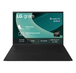 LG Gram 15Z80T Copilot+ PC AMD Ryzen AI 7 350 Ordinateur portable 39,6 cm (15.6") Full HD 16 Go LPDDR5x-SDRAM 1 To SSD Wi-Fi 6E (802.11ax) Windows 11 Pro Français Noir