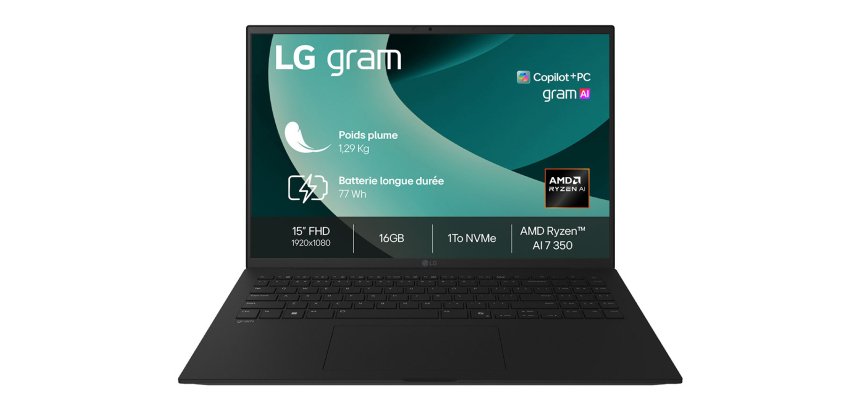 LG Gram 15Z80T Copilot+ PC AMD Ryzen AI 7 350 Ordinateur portable 39,6 cm (15.6") Full HD 16 Go LPDDR5x-SDRAM 1 To SSD Wi-Fi 6E (802.11ax) Windows 11 Pro Français Noir