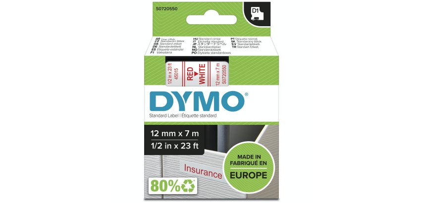 Nastro D1 standard 450150 - 12 mm x 7 mt - PL - rosso/bianco - Dymo