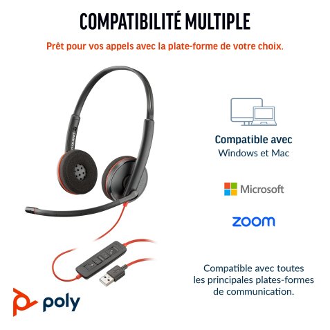 Poly Micro-casque stéréo USB-C Blackwire 3220 + adaptateur USB-C/A (lot)