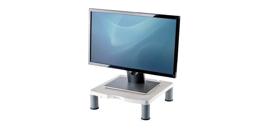 Fellowes Computer Monitor Stand with 3 Height Adjustments - Standard Monitor Riser with Cable Management - Ergonomic Adjustable Monitor Stand for Computers - Max Weight 27KG/Max Size 21" - Platinum