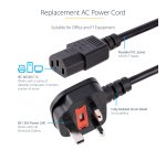 StarTech.com 10ft (3m) UK Computer Power Cable, 18AWG, BS 1363 to C13, 10A 250V, Black Replacement AC Power Cord, Kettle Lead / UK Power Cord, PC Power Supply Cable, TV/Monitor Power Cable