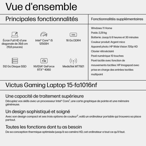 HP Victus Gaming 15-fa1016nf Intel® Core™ i5 i5-12500H Ordinateur portable 39,6 cm (15.6") Full HD 16 Go DDR4-SDRAM 512 Go SSD NVIDIA GeForce RTX 4060 Wi-Fi 6 (802.11ax) Windows 11 Home Noir