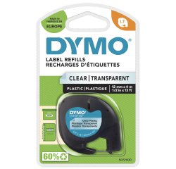 DYMO Branded LetraTag Plastic Labels | 12 mm x 4 m Roll | Black Print on Clear Labels | MultipurposeSelf-Adhesive Labels for LetraTag Label Makers