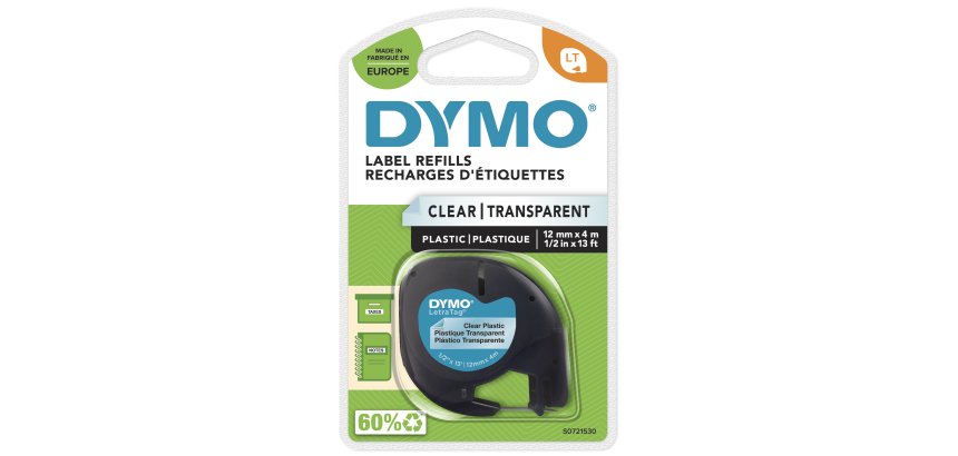 DYMO Branded LetraTag Plastic Labels | 12 mm x 4 m Roll | Black Print on Clear Labels | MultipurposeSelf-Adhesive Labels for LetraTag Label Makers