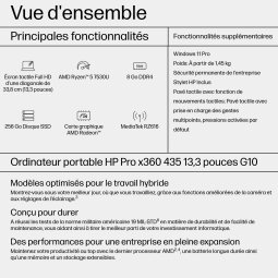 HP Pro x360 435 G10 AMD Ryzen™ 5 7530U Hybride (2-en-1) 33,8 cm (13.3") Écran tactile Full HD 8 Go DDR4-SDRAM 256 Go SSD Wi-Fi 6 (802.11ax) Windows 11 Pro Argent