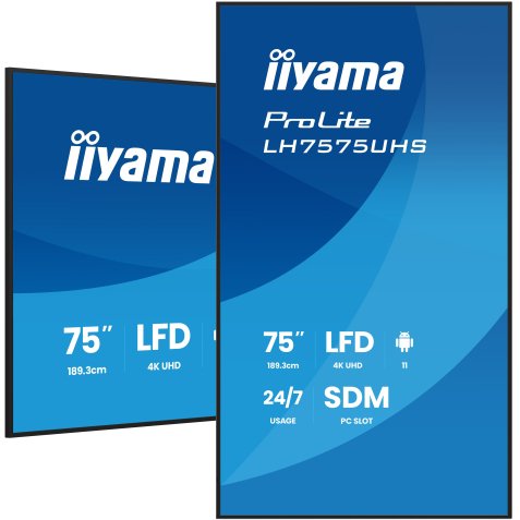 iiyama LH7575UHS-B2AG Écran d'affichage dynamique Écran plat de signalisation numérique 190,5 cm (75") LCD Wifi 500 cd/m² 4K Ultra HD Noir Intégré dans le processeur Android 11 24/7