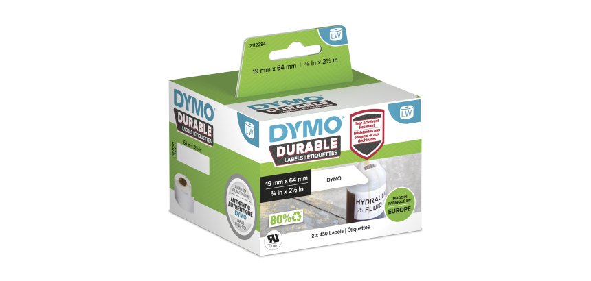 DYMO LW auténticas etiquetas durables | 19mm × 64mm | 2 rollos de 450 etiquetas "White Poly" (900 unidades) | Etiquetas que duran sobre superficies exigentes para etiquetadoras LabelWriter