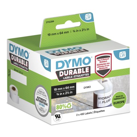 DYMO LW auténticas etiquetas durables | 19mm × 64mm | 2 rollos de 450 etiquetas "White Poly" (900 unidades) | Etiquetas que duran sobre superficies exigentes para etiquetadoras LabelWriter
