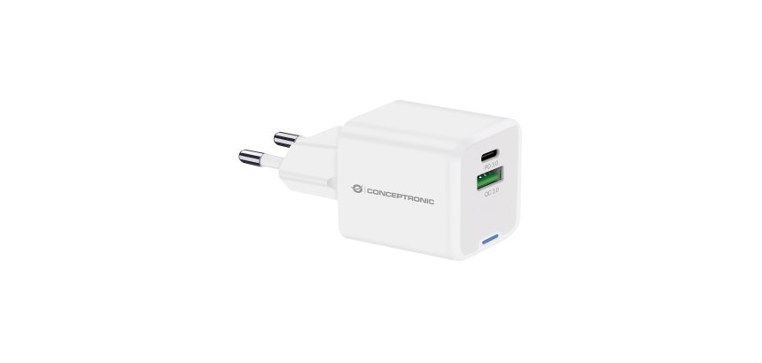 Conceptronic 2-Port 20W GaN USB PD Charger, USB-C x 1, USB-A x 1, QC 3.0, PPS
