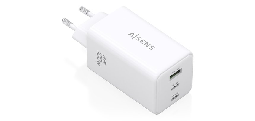 AISENS Cargador GaN 100W, 2x USB-C PD3.0 QC4.0 QC5.0, 1x USB-A QC3.0, Blanco