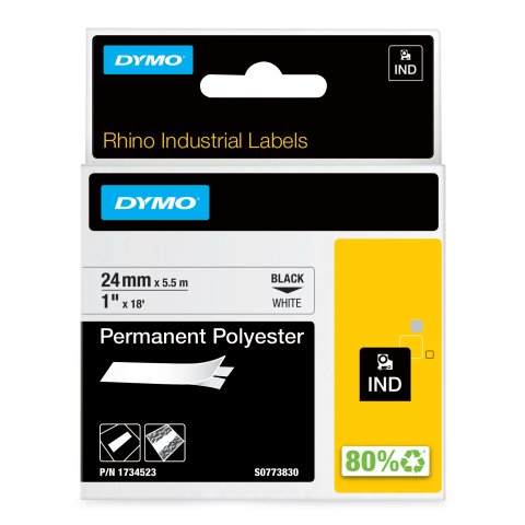 DYMO Rhino Etiquetas industriales permanentes de poliéster | 24 mm x 5,5 m | Impresión en negro sobre blanco | Autoadhesivas | Para etiquetadoras LabelManager y Rhino