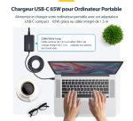StarTech.com Chargeur USB-C 65W pour Ordinateur Portable, Câble USB-C Attaché de 1,5m, Bloc d'Alimentation pour Dell, XPS, HP ProBook, MacBook Pro, Microsoft Surface Pro