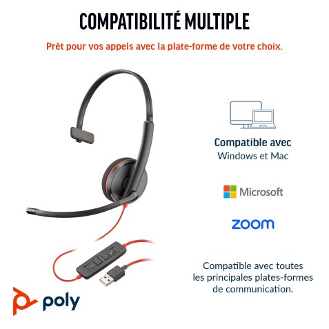 Poly Micro-casque monaural USB-C Blackwire 3210 + adaptateur USB-C/A (lot)