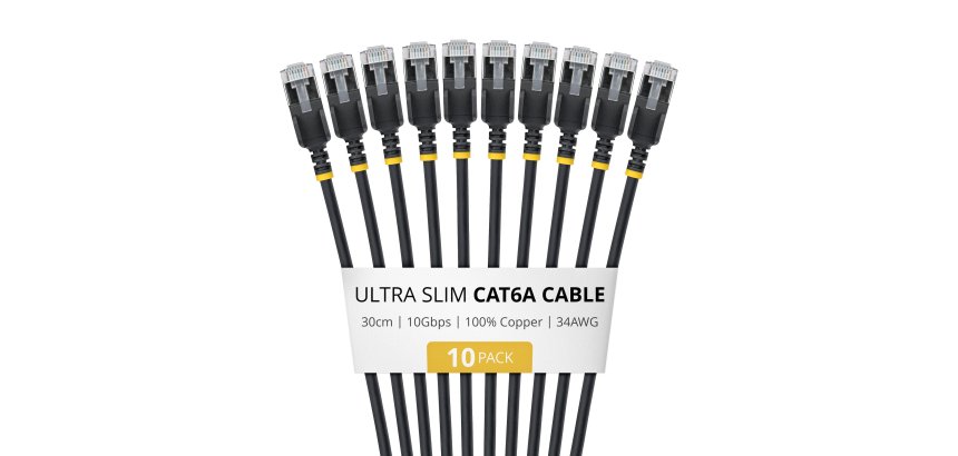 StarTech.com 30cm Black Ultra Slim Cat6A Ethernet Cable, 10 Pack, Snagless, FTP, Pure Bare Copper Wire, 34AWG Ultra Slim RJ45 Network Patch Cord, Individually Tested