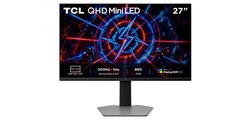 TCL P2 27P2A Monitor Mini LED da 27", risoluzione QHD (2560 × 1440), frequenza di aggiornamento fino a 200 Hz, pannello HFS (IPS), certificazione VESA DisplayHDR 600, tempo di risposta 1 ms GTG e compatibilità AMD FreeSync™ Premium.