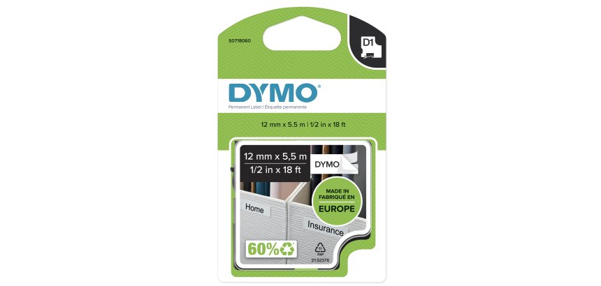 DYMO D1 High-Performance Permanent Polyester Labels | 12 mm x 5.5m Roll | Black Print on White | Self-Adhesive Labels for LabelManager Label Printers | Authentic
