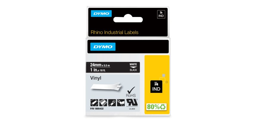 DYMO Rhino Industrial Vinyl Labels | 24 mm x 5.5 m | White Print on Black | Self-Adhesive | for LabelManager & Rhino Label Makers