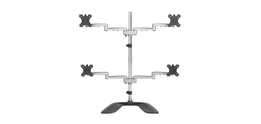 StarTech.com Desktop Quad Monitor Stand - Ergonomic VESA 4 Monitor Arm (2x2) up to 32" (17.6lb/8kg) - Free Standing Articulating Universal Pole Mount - Height Adjustable/Tilt/Swivel/Rotate - Silver