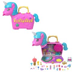 Polly Pocket Unicorn Partyland Playset with 2 Micro Dolls, Pets & 25+ Surprise Accessories, Birthday Celebration with Hot Air Balloon Ride