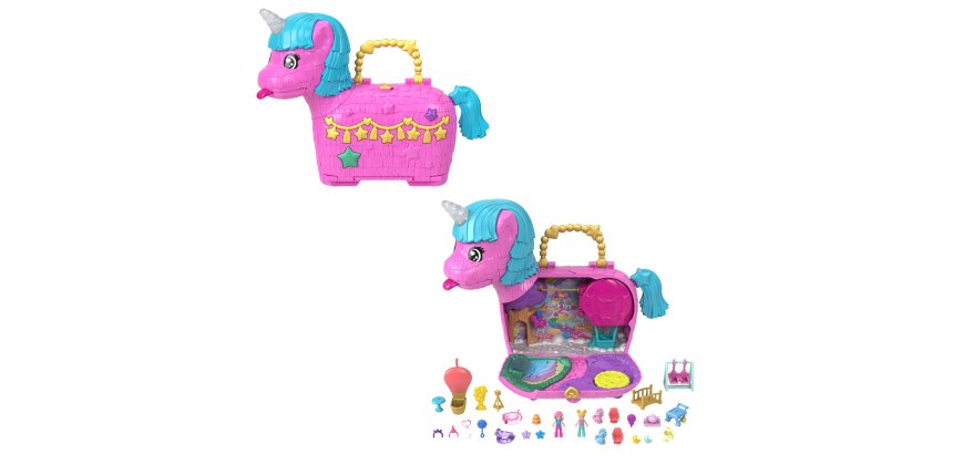 Polly Pocket Unicorn Partyland Playset with 2 Micro Dolls, Pets & 25+ Surprise Accessories, Birthday Celebration with Hot Air Balloon Ride