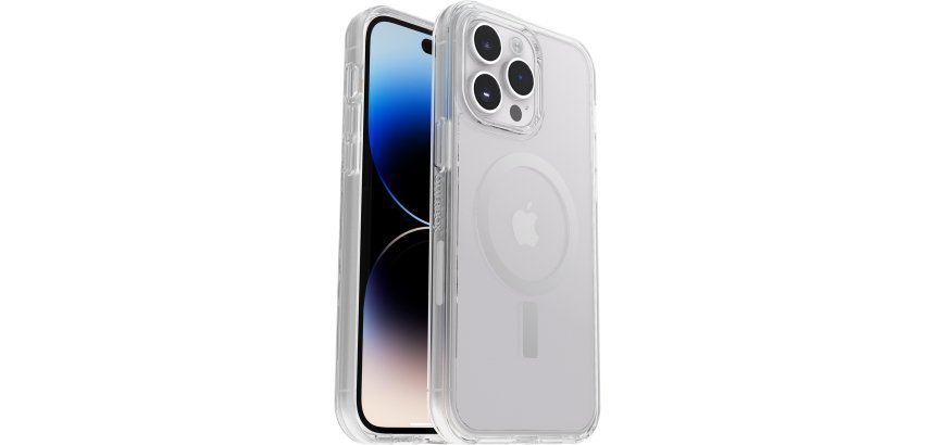 OtterBox Funda para iPhone 14 Pro Max Symmetry+ Clear para MagSafe,resistente a golpes y caídas,Protectora,fina,Testada 3x con estándares Militares anticaídas,Antimicrobiana, Clear