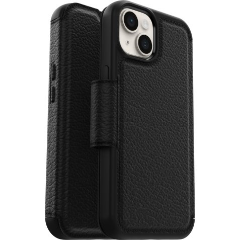 OtterBox Funda para iPhone 14 Strada, resistente a golpes y caídas,Tapa en Piel,2 slots para Tarjetas,Testada 3x con los estándares Militares anticaídas, Negro