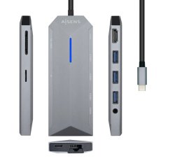 AISENS USB-C Dock 9 en 1, USB-C a 1x HDMI, 1xRJ45, 3x USB, 1x PD, 1x Audio, 1x SD, 1x Micro SD, Gris, 15 cm