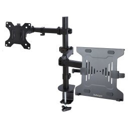 StarTech.com Brazo Soporte Ajustable para Monitor con Bandeja VESA para un Ordenador Portátil de 4,5kg y una Pantalla de hasta 32" (8kg), Negro, con Mordaza en C/Grommet