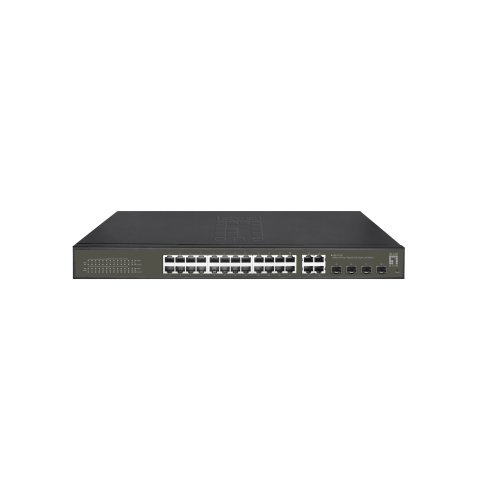 LevelOne Hilbert 28-Port Gigabit PoE Smart Lite Switch, 24 PoE Outputs, 4 x Gigabit SFP/RJ45 Combo, 802.3at/af PoE, 380W PoE Power Budget