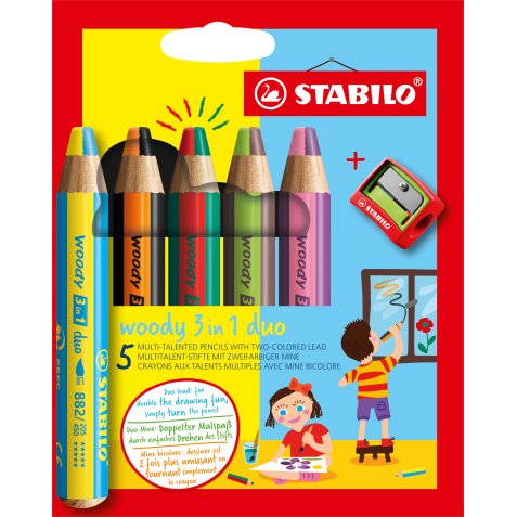 Etui carton x 5 crayons multi-talents woody 3 in 1 duo + 1 taille-crayon