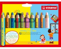 Crayon stabilo woody 3 en 1 duo multi-talents mine bicolore pointe 10mm taille-crayon inclus etui 10 unites assorties