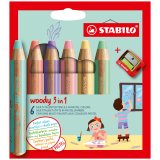 Woody 3in1 crayon de couleur - Etui carton de 6 crayons + taille-crayon - Coloris pastel