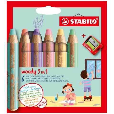 Woody 3in1 crayon de couleur - Etui carton de 6 crayons + taille-crayon - Coloris pastel