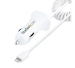StarTech.com Chargeur Voiture Lightning avec Câble Spiralé - Chargeur Iphone 1m - Double Chargeur USB pour Telephones et Tablettes pour la Voiture - Chargeur Auto Blanc de 12W
