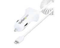 StarTech.com Cargador de Coche con Cable Rizado Lightning, Cable de 1m Rizado Lightning 12W Blanco, Cable Adaptador Cargador de Coche de 2 Puertos para iPhone y Tablet, Cargador 2x USB