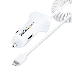 StarTech.com USB Autolader met 1m Lightning Spiraalkabel, 12W, Wit, 2 Port USB Tablet en Telefoon Oplader, Dubbele USB Car Charger, iPhone/iPad Autolader, USB Snellader Auto