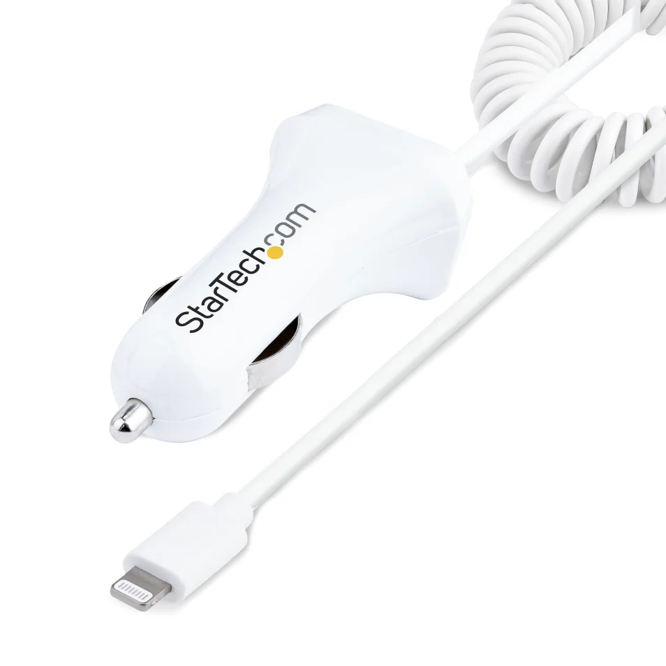 StarTech.com Chargeur Voiture Lightning avec Câble Spiralé - Chargeur  Iphone 1m - Double Chargeur USB pour Telephones et Tablettes pour la  Voiture - Chargeur Auto Blanc de 12W sur