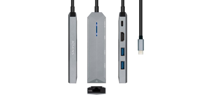 AISENS USB-C dock 5 en 1, USB-C a 1xHDMI, 1xRJ45, 2xUSB, 1xPD, Gris, 15 cm